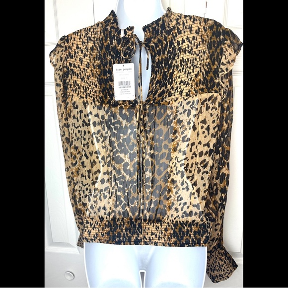 New FREE PEOPLE Roma Ruffle Blouse Top Shirt Leopard Animal Print Semi Sheer NWT - Picture 10 of 15